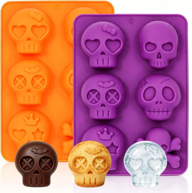 Orange and purple six-cavity skull molds