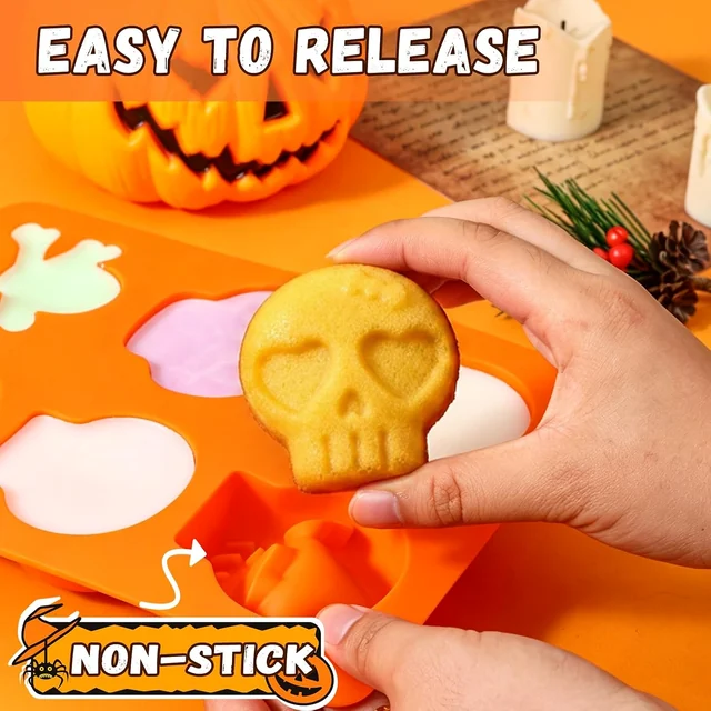 Releasing a skull-shaped cake from the orange mold